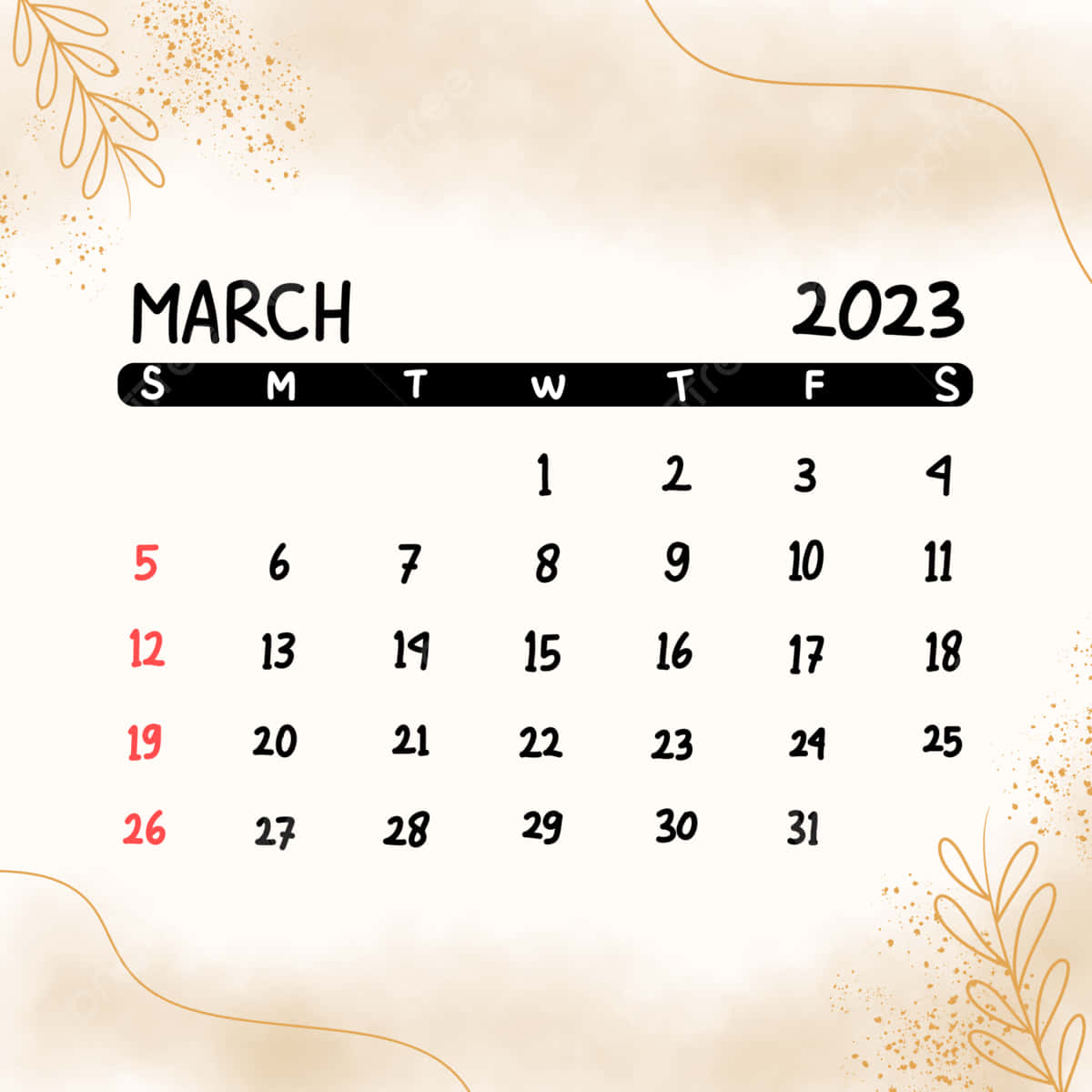 2023年3月日曆，帶有金箔設計和紅色星期日。