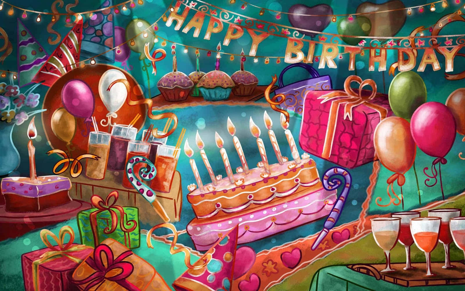 慶祝他們的特別日子！ 壁紙 — 一個充滿活力的生日派對場景，有多層蛋糕、蠟燭、禮物、氣球和飲品，掛著「Happy Birthday」橫幅。