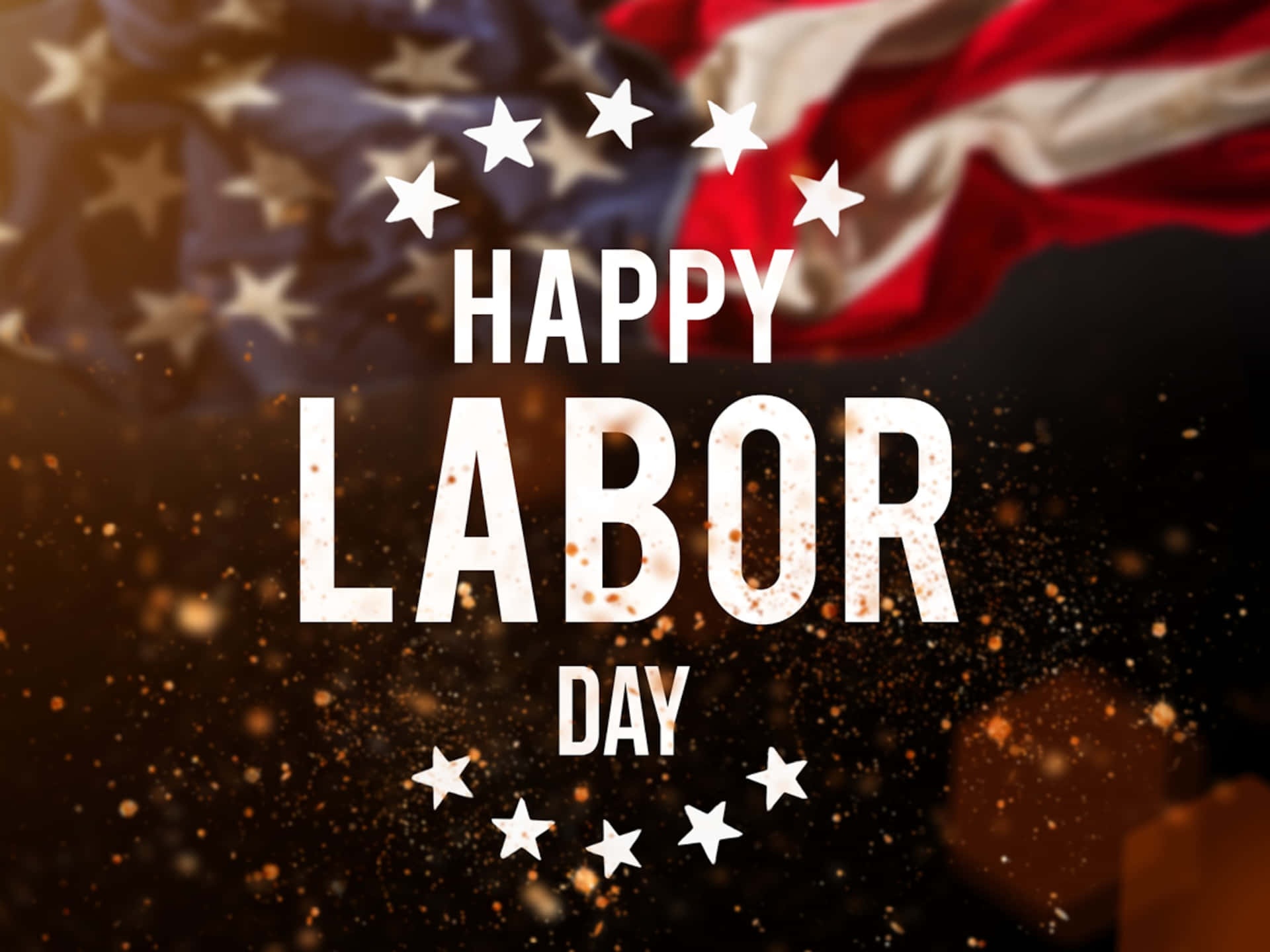 Happy Labor Day 文字，帶有星星和美國國旗背景，金色閃光。