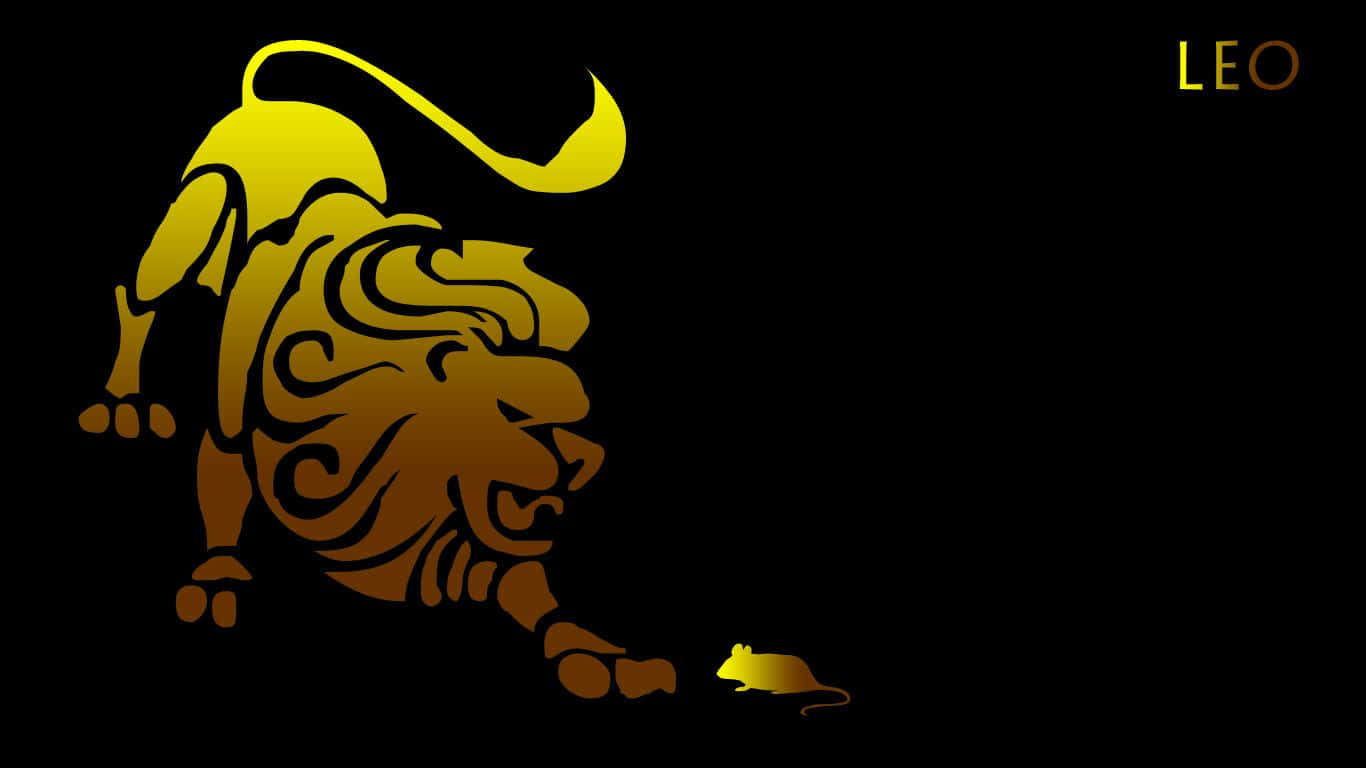 金色獅子與老鼠星座符號，黑色背景，附有「LEO」文字。