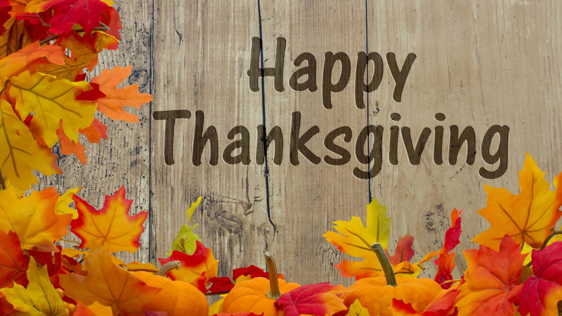 秋葉和南瓜環繞著一個寫著 Happy Thanksgiving 的木牌。