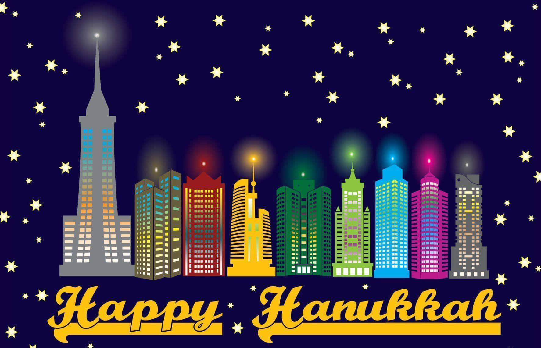 Hanukkah 桌布 壁紙 — 慶祝光明節的夜晚，色彩繽紛的城市天際線，閃爍的建築物和星星。
