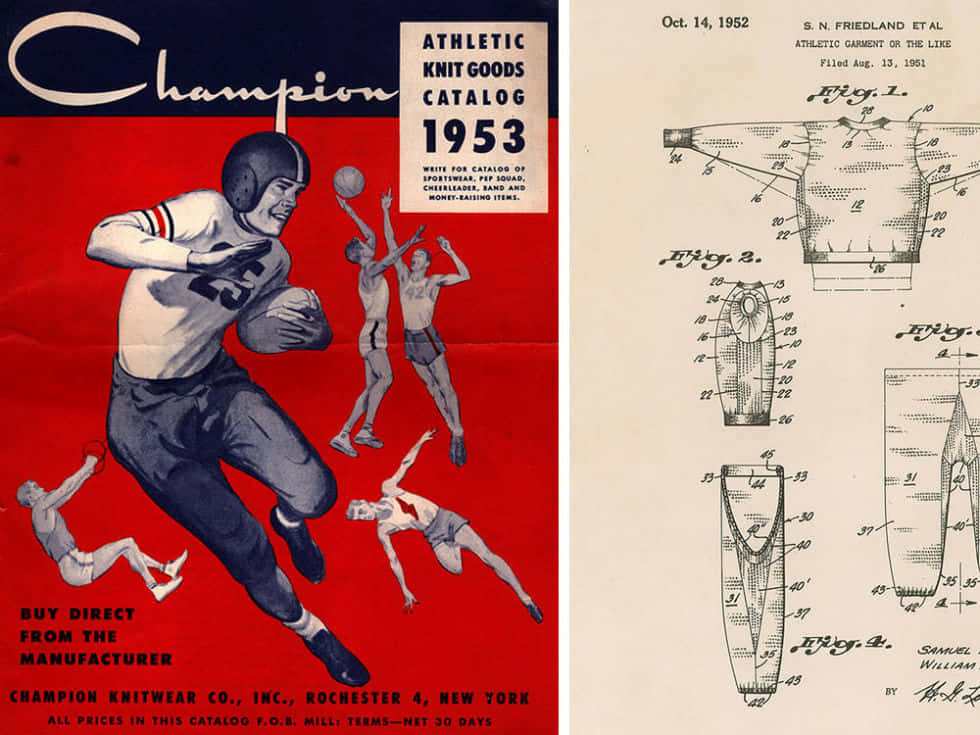 慶祝冠軍——優質運動服裝助你領先一步 壁紙 — 1953年復古Champion運動用品目錄封面，動感足球員插圖旁邊是運動服裝專利圖紙。