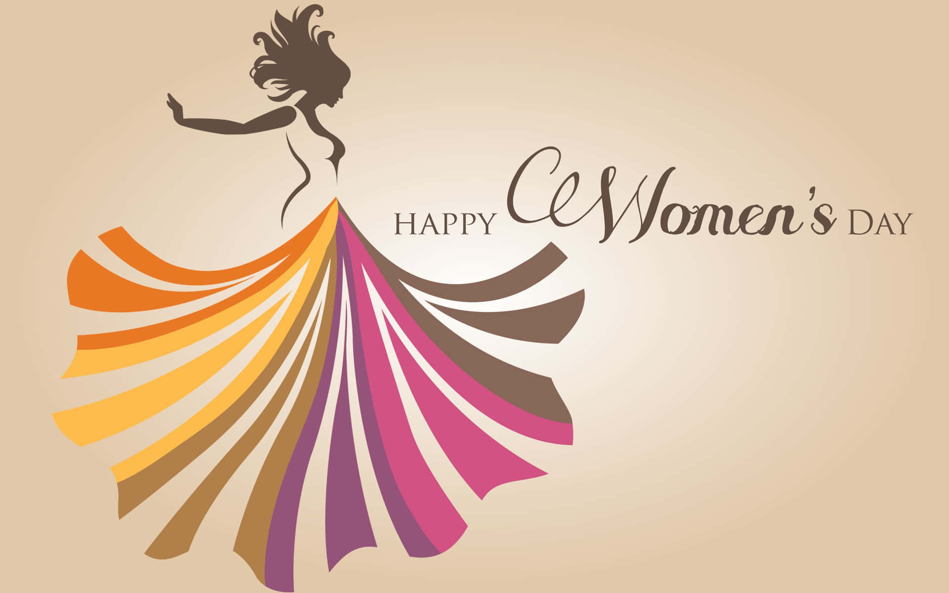Happy Women's Day 圖形，包含跳舞女性剪影和色彩繽紛的飄逸裙子。