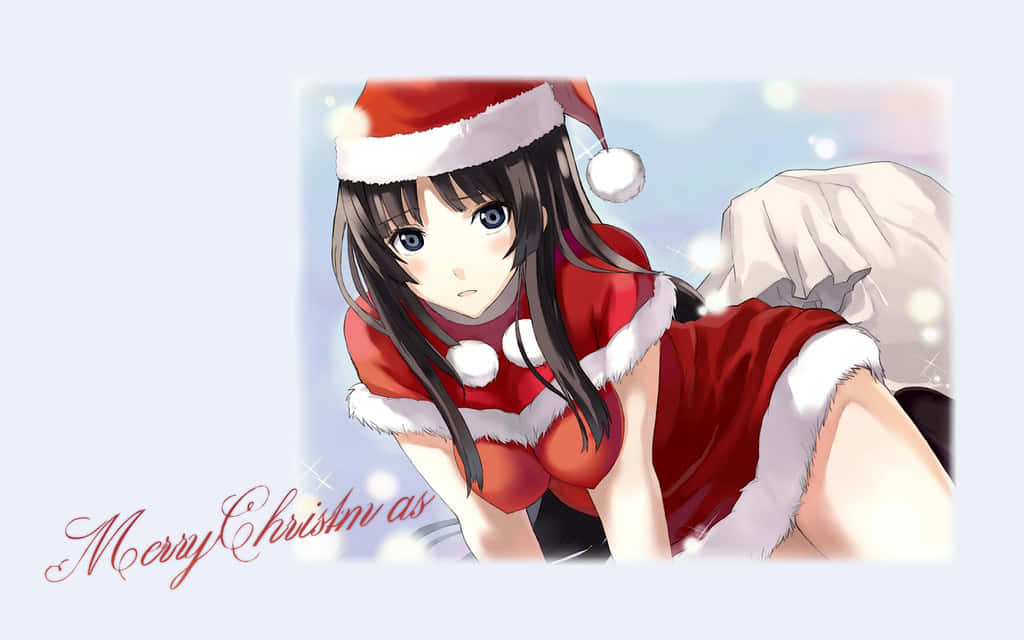 慶祝動漫聖誕的魔法！ 壁紙 — 動漫女孩穿著紅色聖誕老人服裝，白色飾邊和帽子，在柔和發光的背景前擺姿勢，帶有'Merry Christmas'字樣。