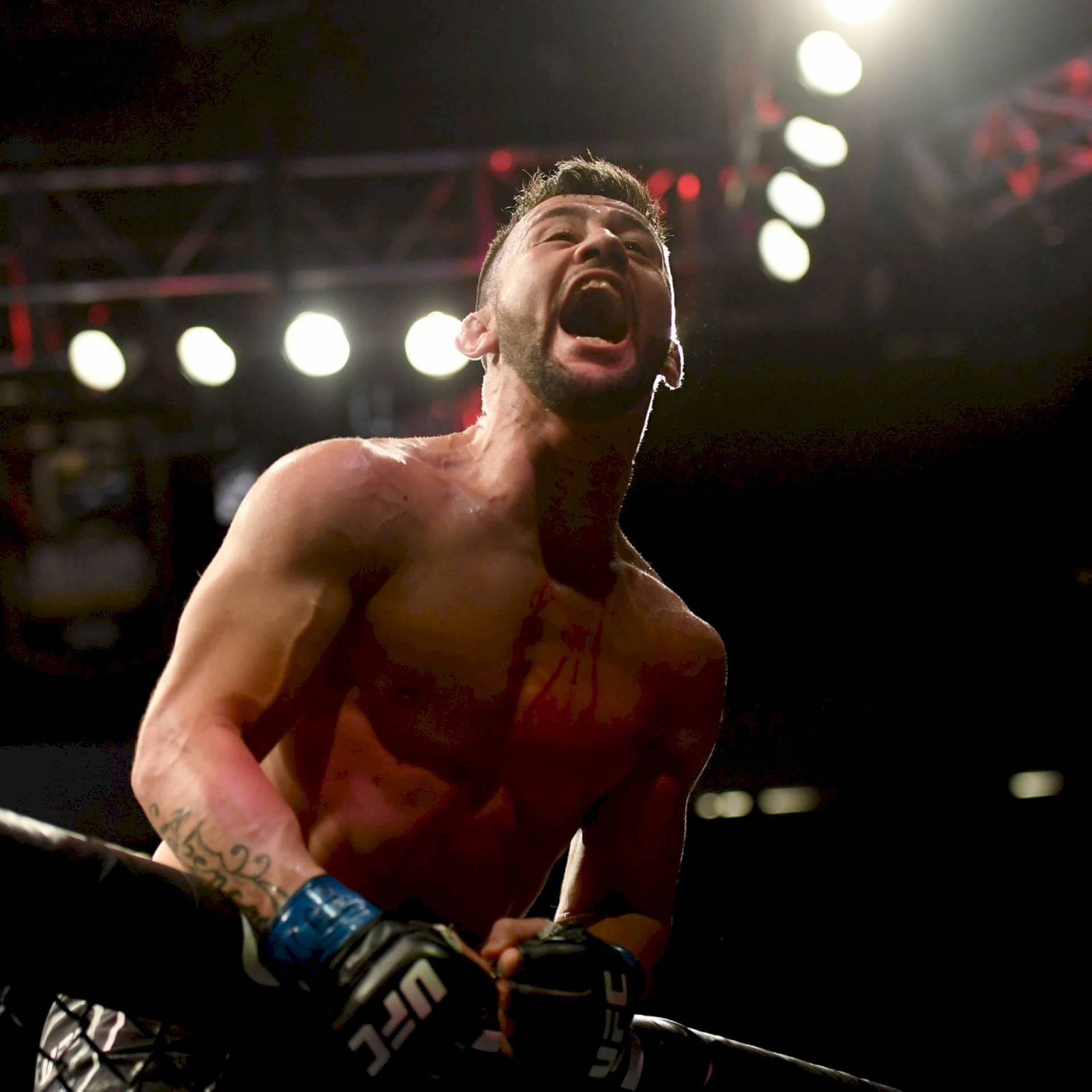 MMA拳手在鐵籠內胸前帶血慶祝勝利。