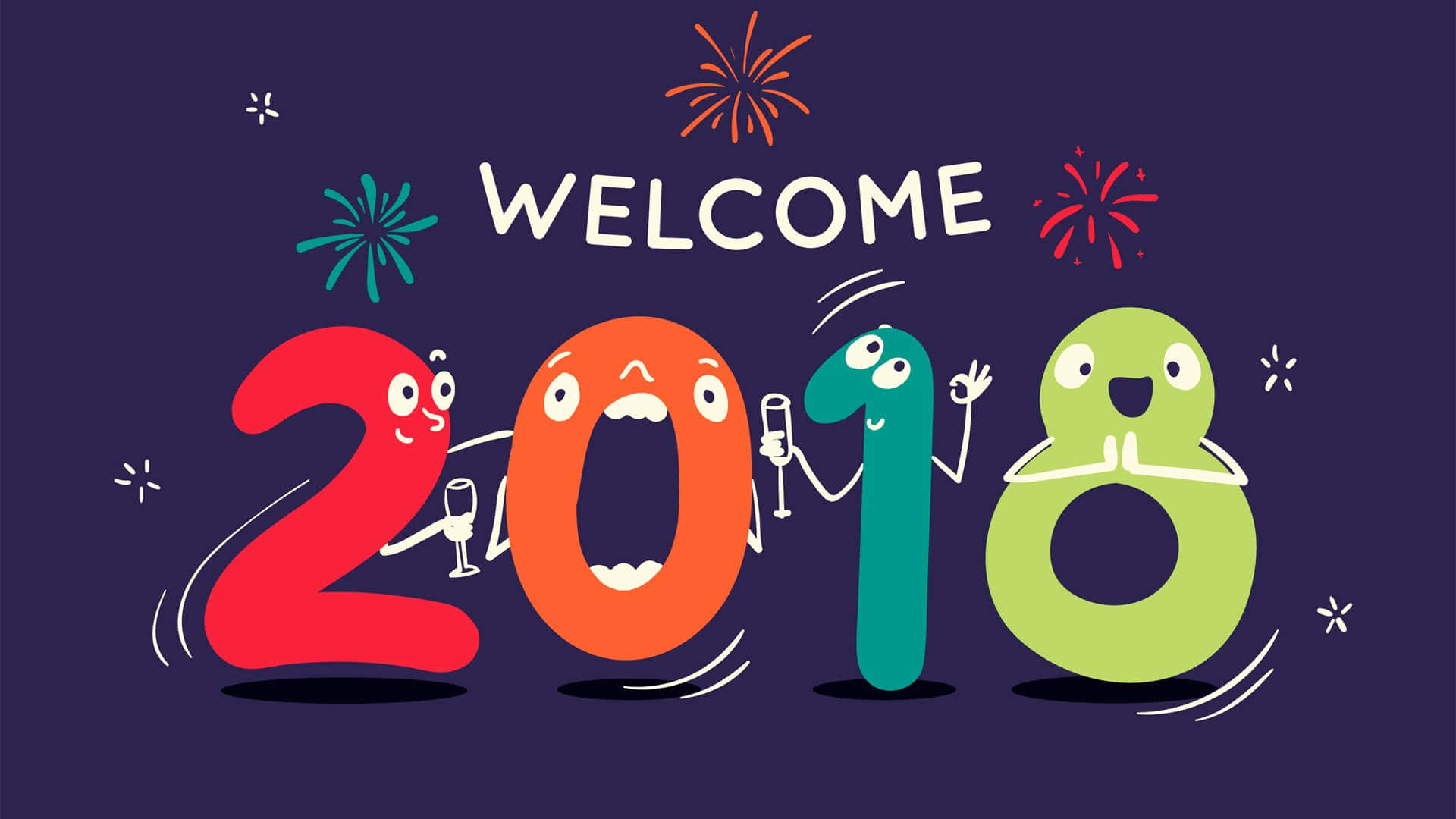 2018 桌布 壁紙 — 慶祝卡通數字2018，帶有面孔和香檳杯，背景為深紫色並有煙花。