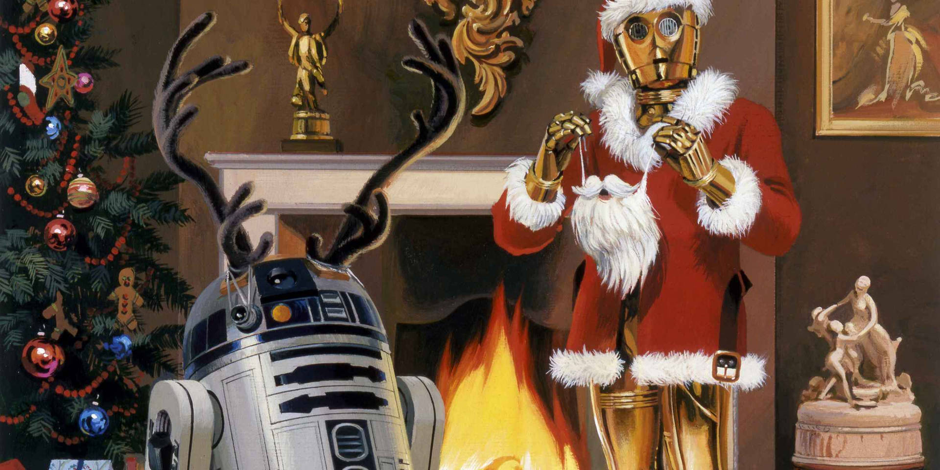 穿着聖誕老人服的C-3PO和戴着馴鹿角的R2-D2在聖誕樹和壁爐旁。
