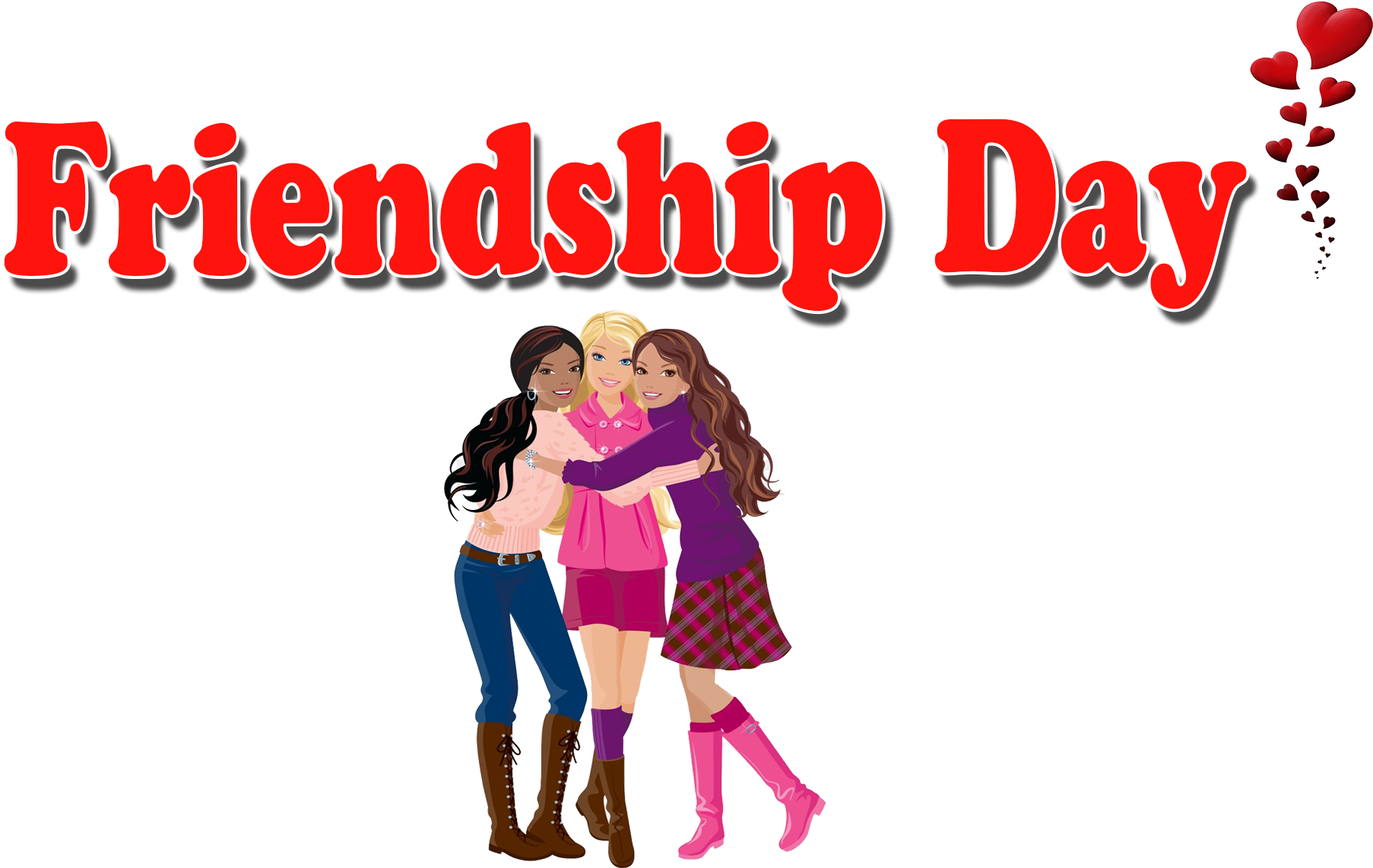 慶祝友誼日 壁紙 — 三個微笑的卡通女孩在粗體紅色「Friendship Day」文字和漂浮的心形下溫暖地擁抱。