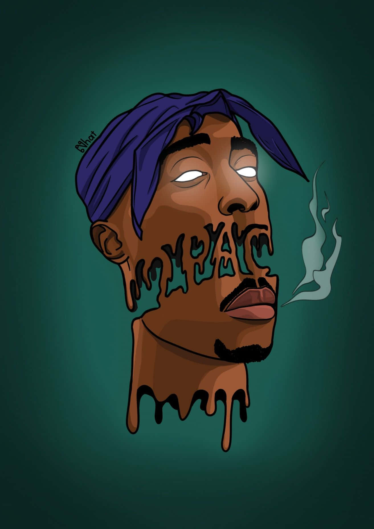 Tupac Shakur的數碼插圖，面容融化並冒煙，背景為藍綠色。