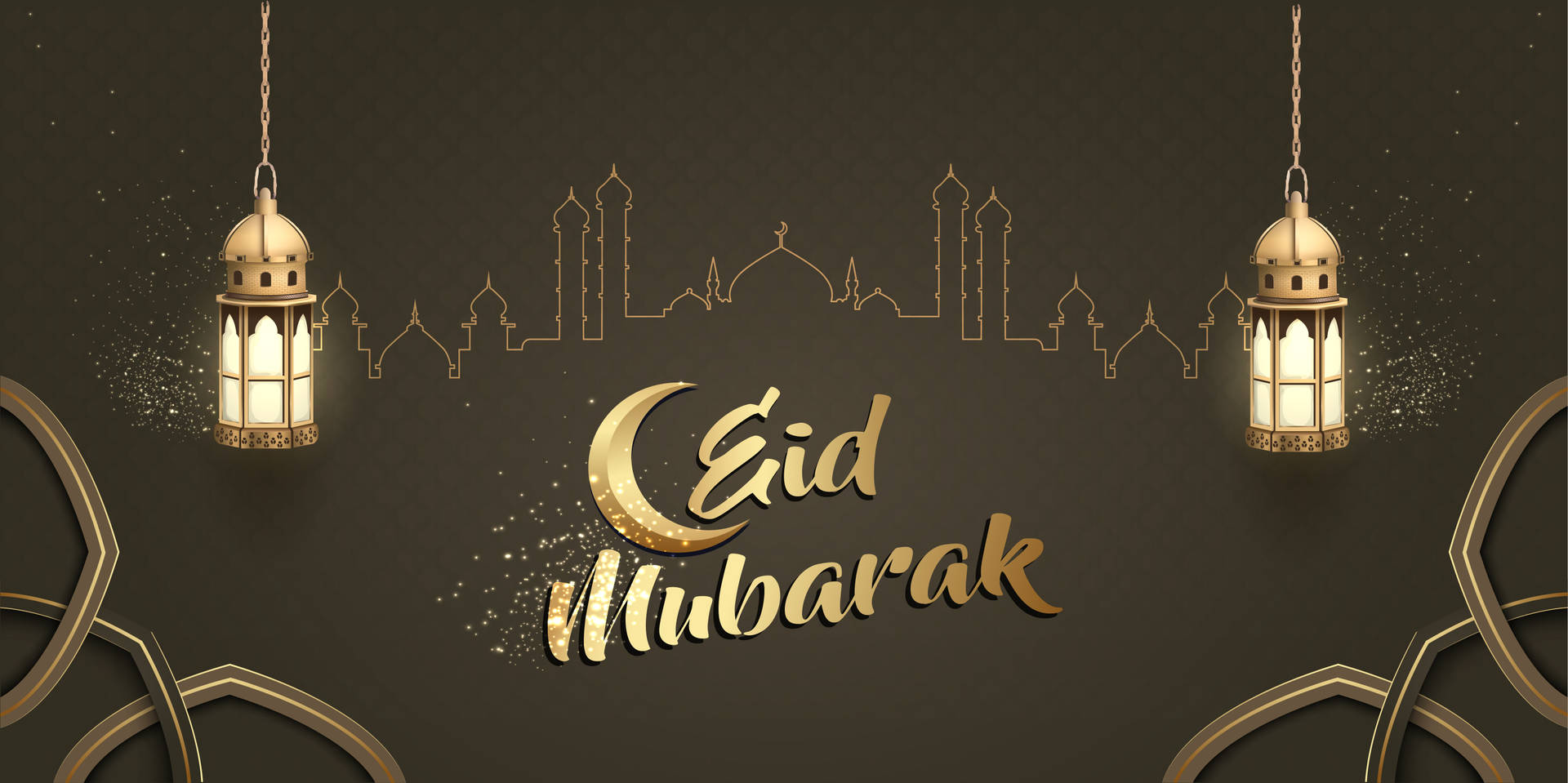 深色背景上以金色懸掛燈籠和清真寺輪廓呈現的Eid Mubarak祝福。