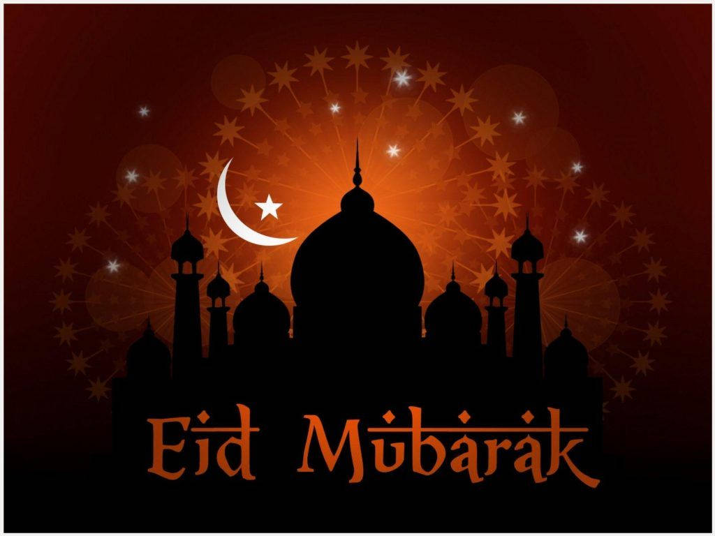 清真寺剪影，帶有新月和星星，映襯著橙色天空，並有Eid Mubarak文字。