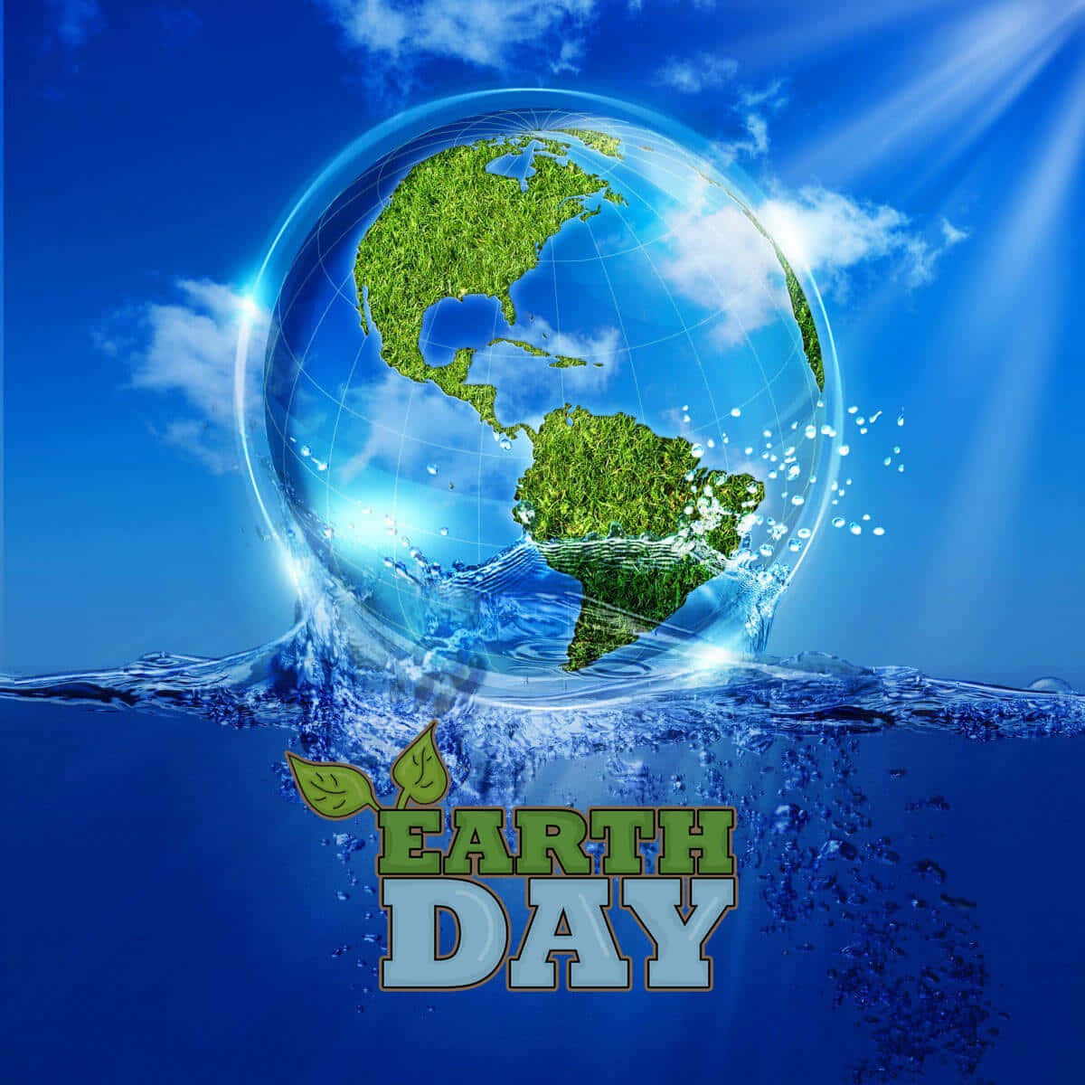 Earth Day 標誌，藍天下有玻璃地球儀和水花。