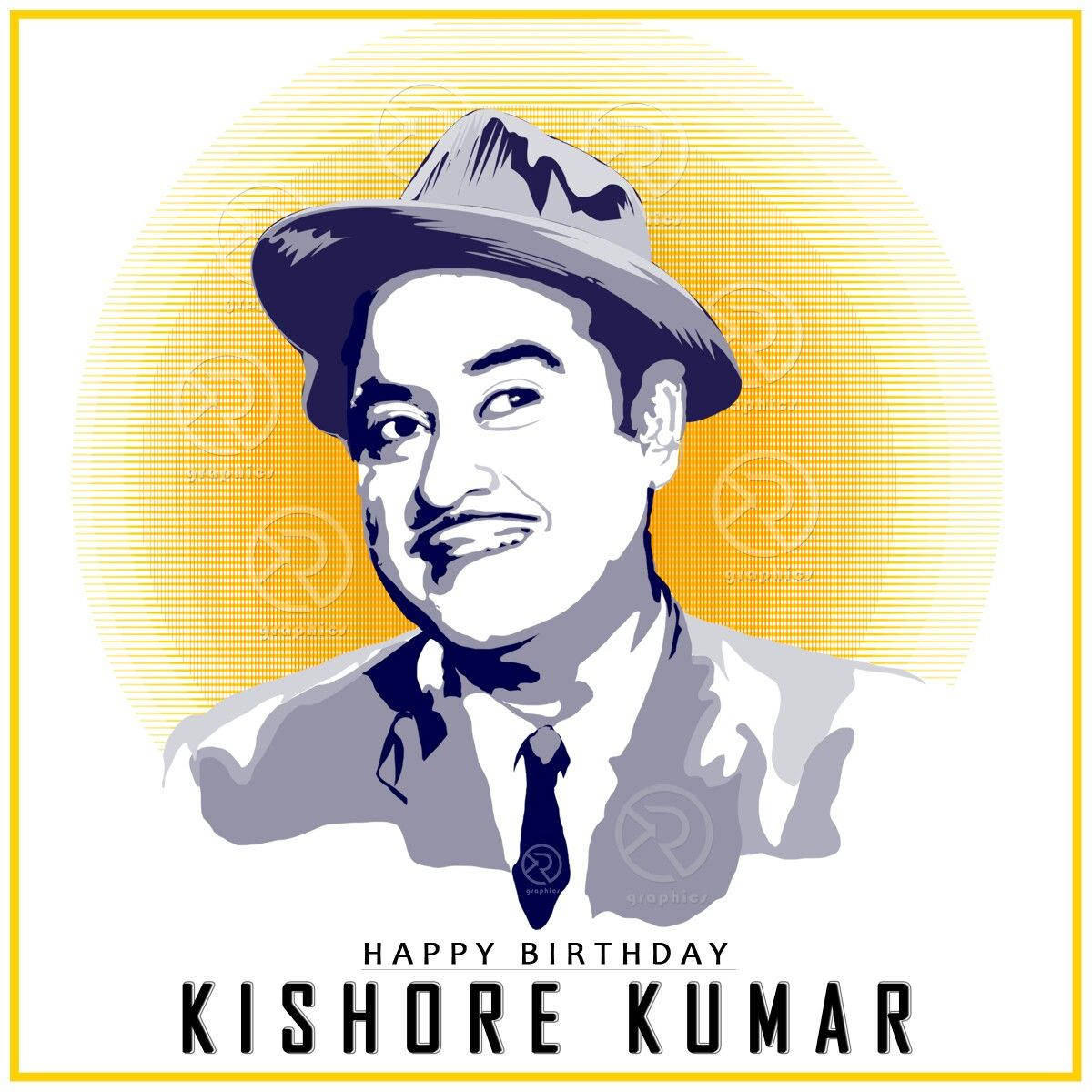 Kishore Kumar生日快樂插圖，配有軟呢帽和黃色太陽爆發背景。
