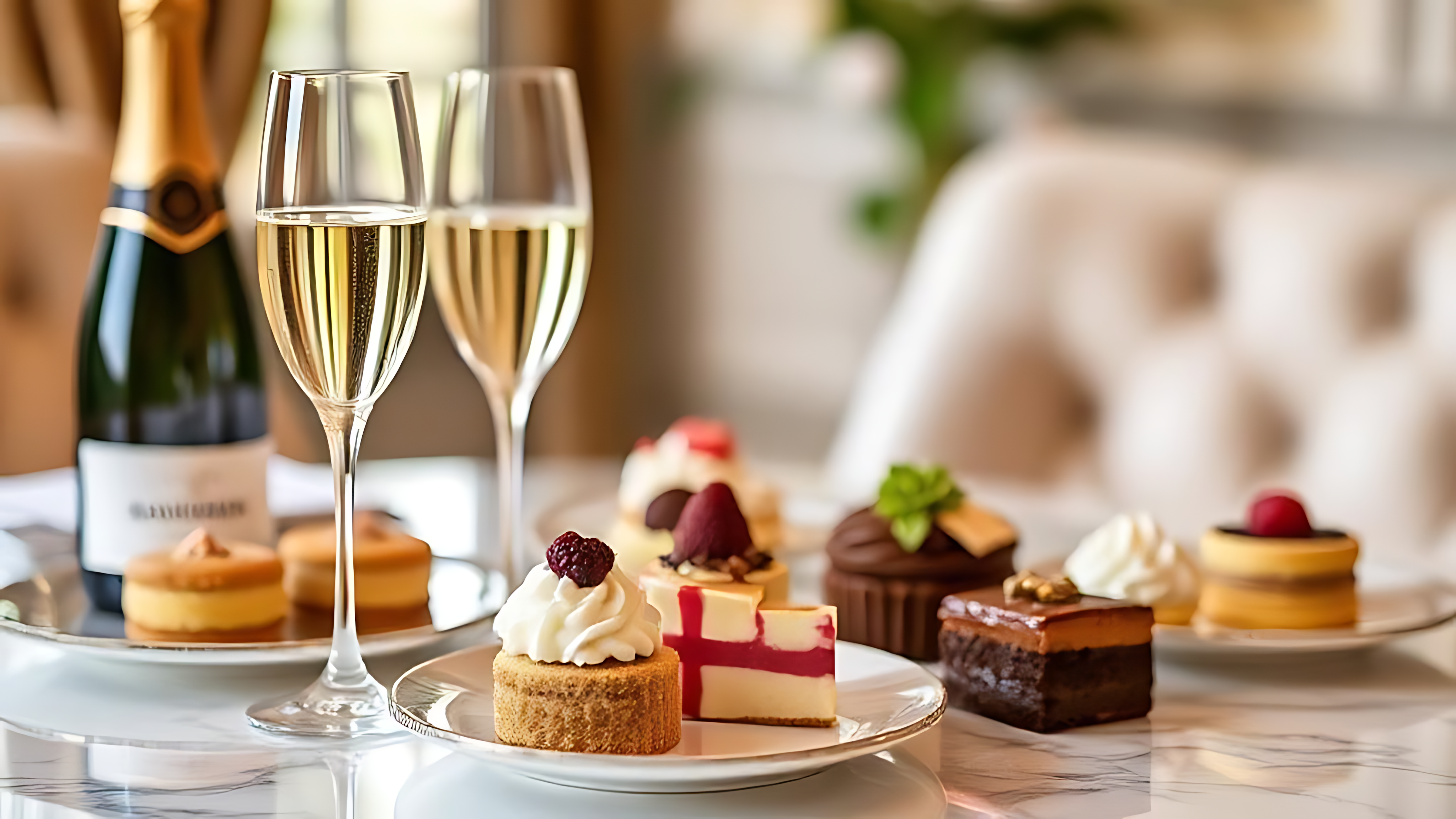 慶祝場合香檳與甜點擺設 壁紙 — 在大理石桌上，一瓶酒旁邊擺放著奢華的各式甜品和兩杯香檳。