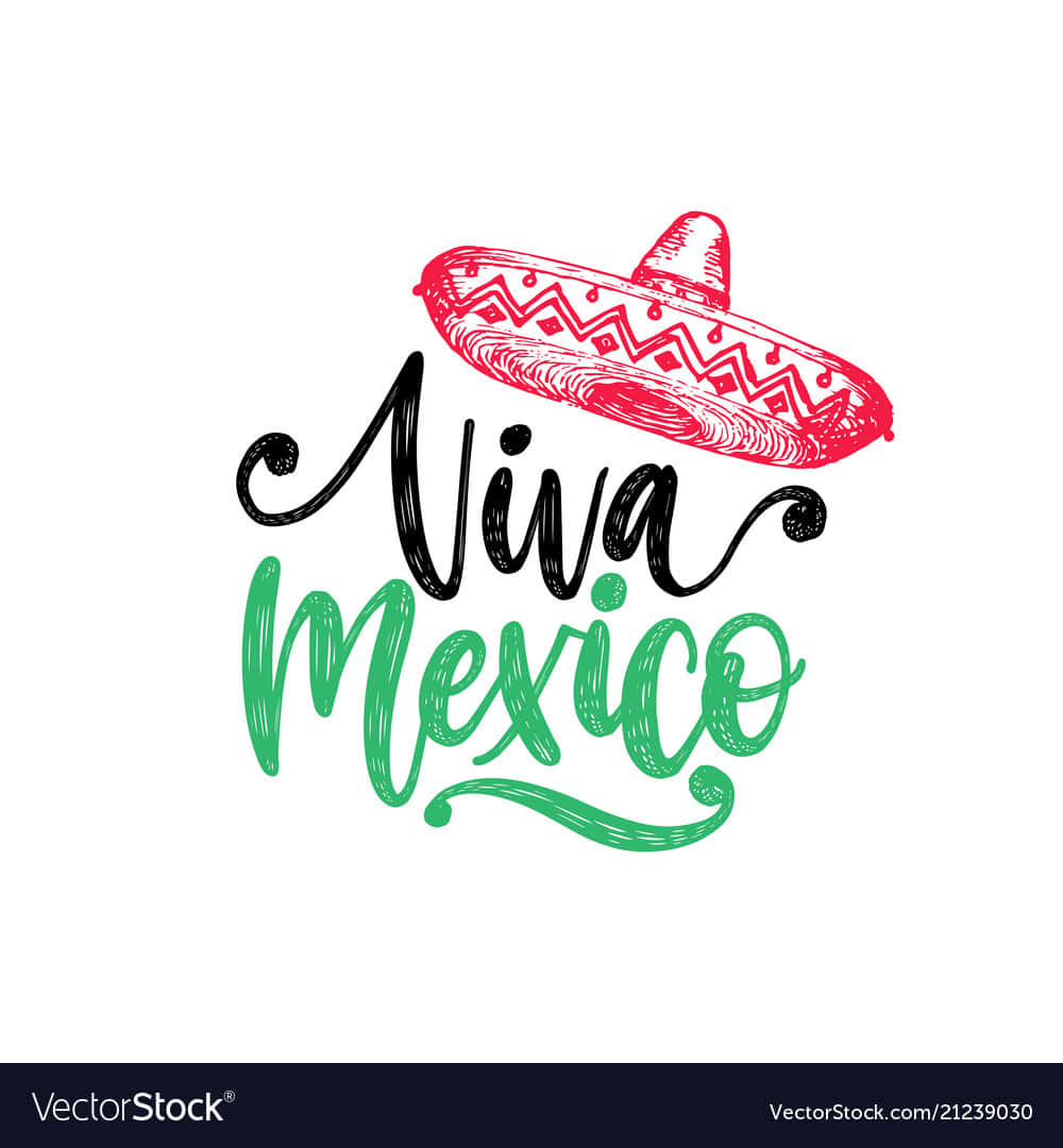 Viva Mexico 短語，附有手繪風格的紅色闊邊帽插圖。