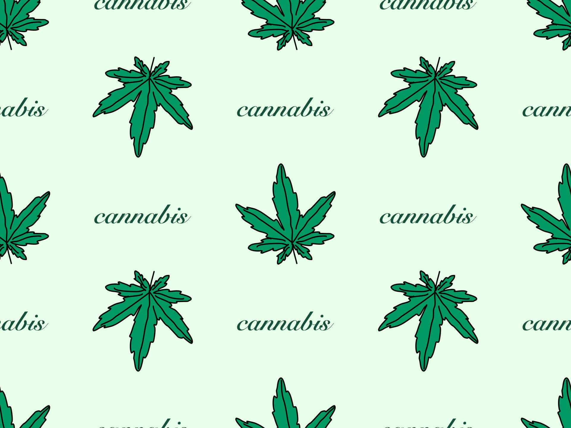 在淺綠色背景上以重複圖案排列的綠色大麻葉和文字。