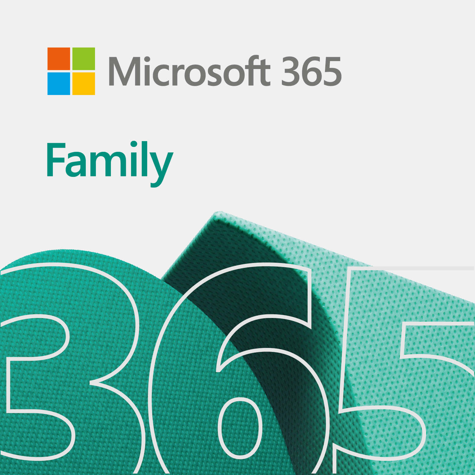 Microsoft 365 Family 標誌，帶有青綠色紋理數字。