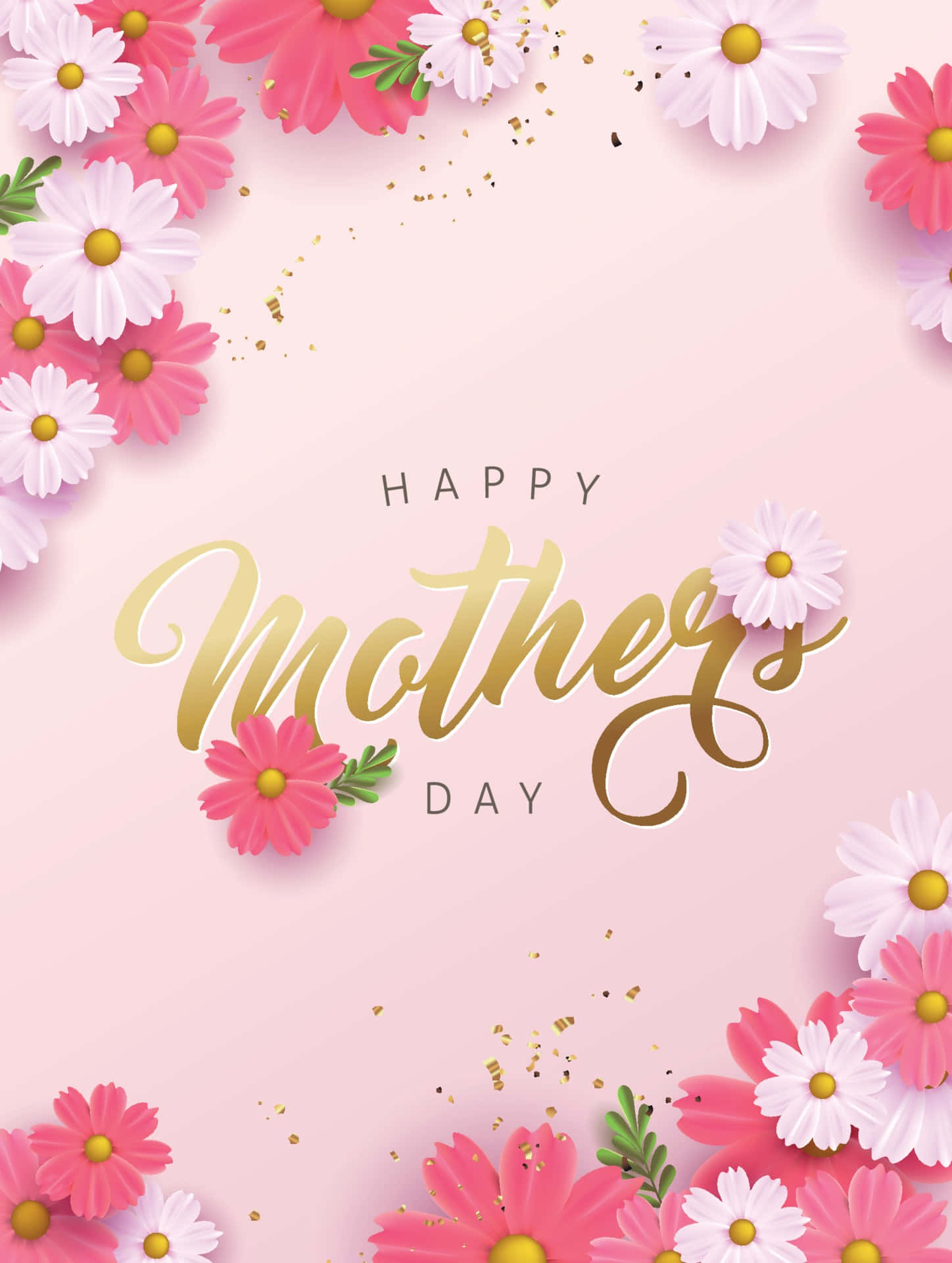 Happy Mothers Day 賀卡，帶有粉紅色和白色的雛菊和金色文字。