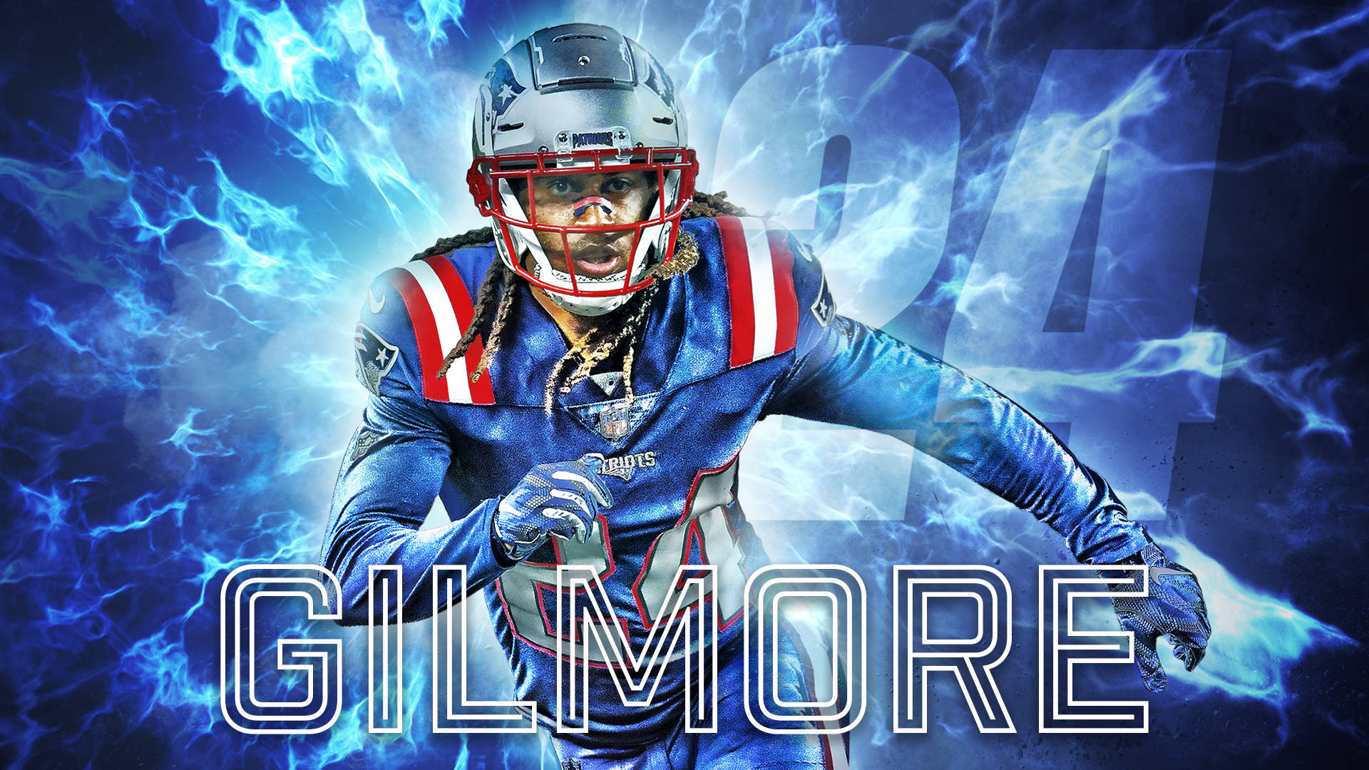 身穿藍色球衣的足球員 Gilmore 被電光藍色閃電效果包圍。