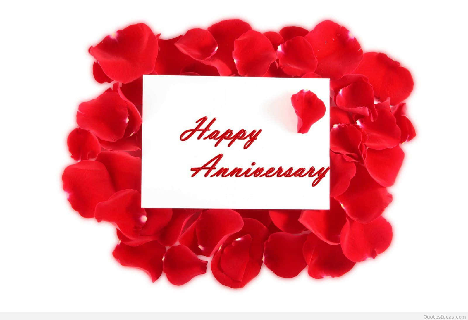 一張白色卡片，上面有紅色字體的「Happy Anniversary」，由紅色玫瑰花瓣組成的心形框架環繞。