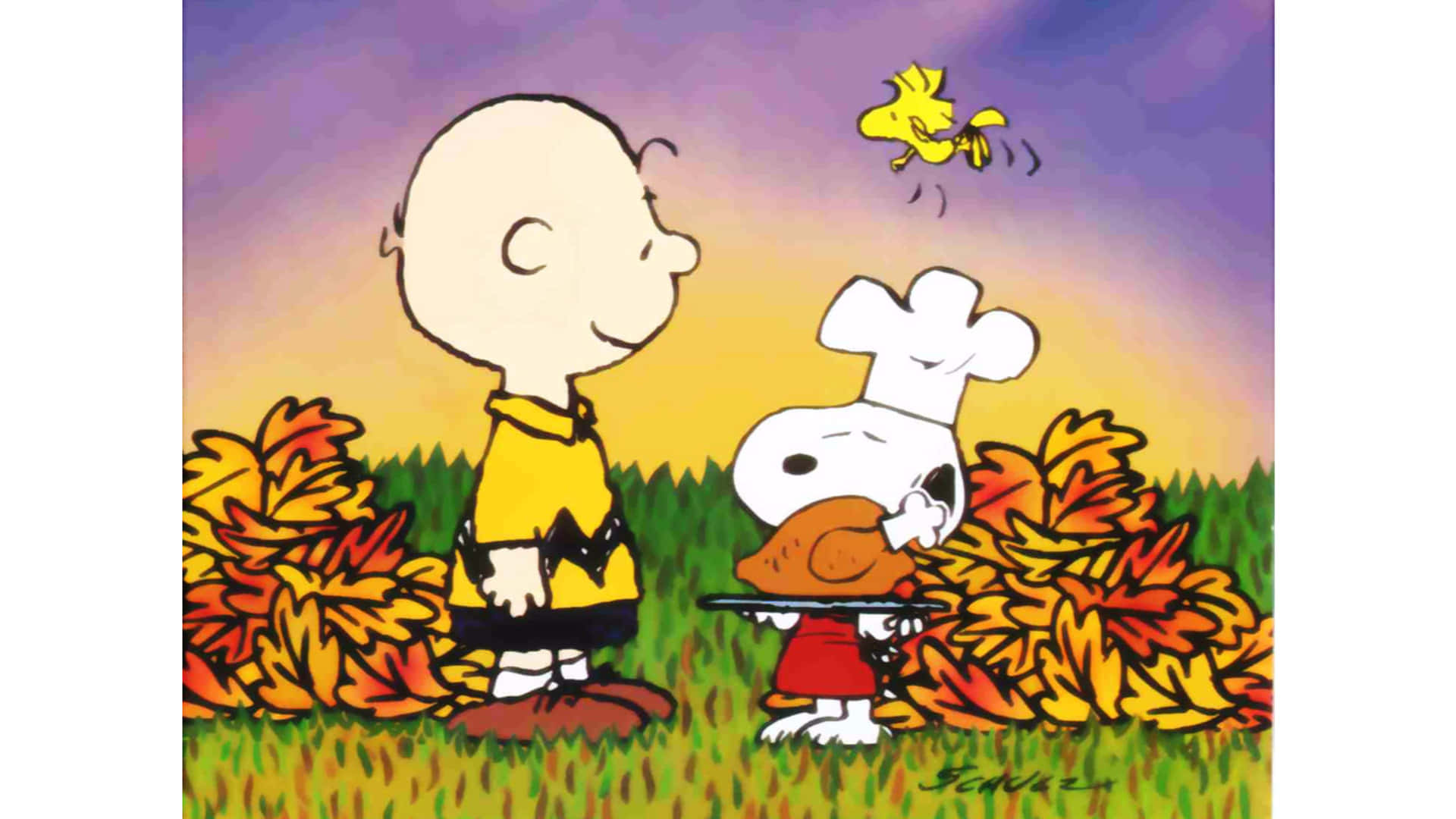 Charlie Brown 同 Snoopy 喺紫色日落天空下嘅秋天落葉入面同火雞一齊。