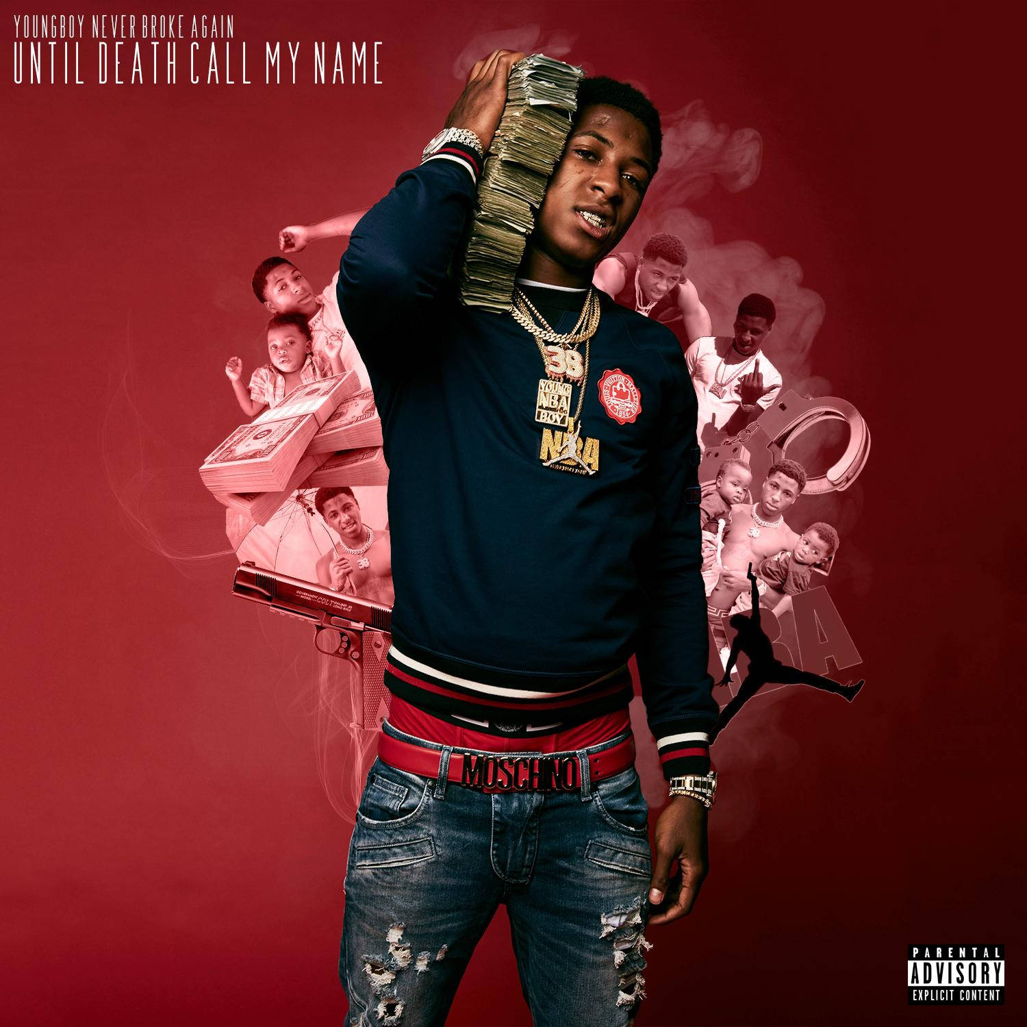 YoungBoy Never Broke Again 喺紅色背景上，手持現金，伴隨鬼影同槍。