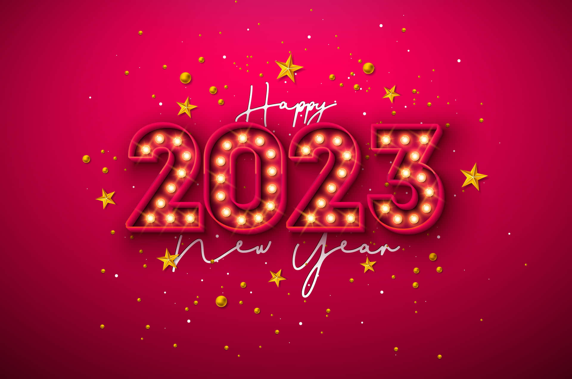 2023年新年快樂，以發光的紅燈、金色星星和五彩紙屑呈現。