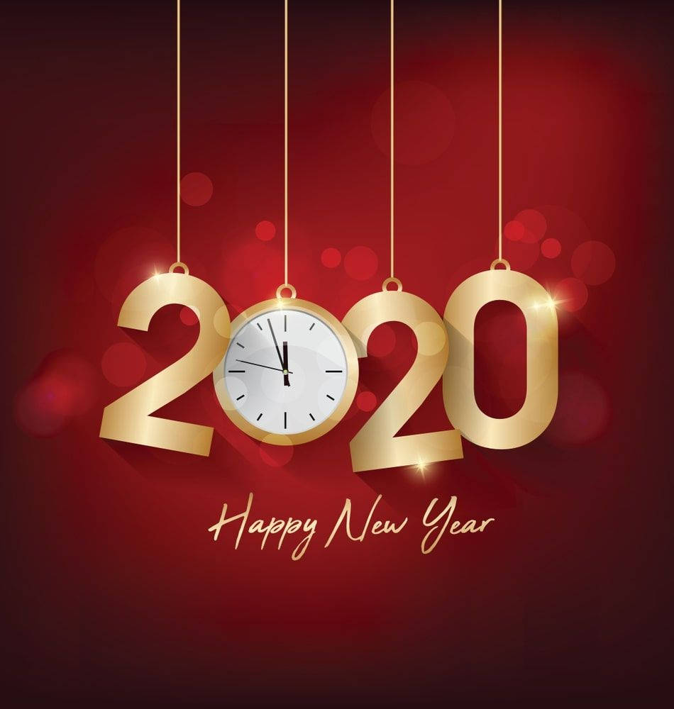 金色2020懸掛裝飾品，時鐘取代了零，紅色背景。