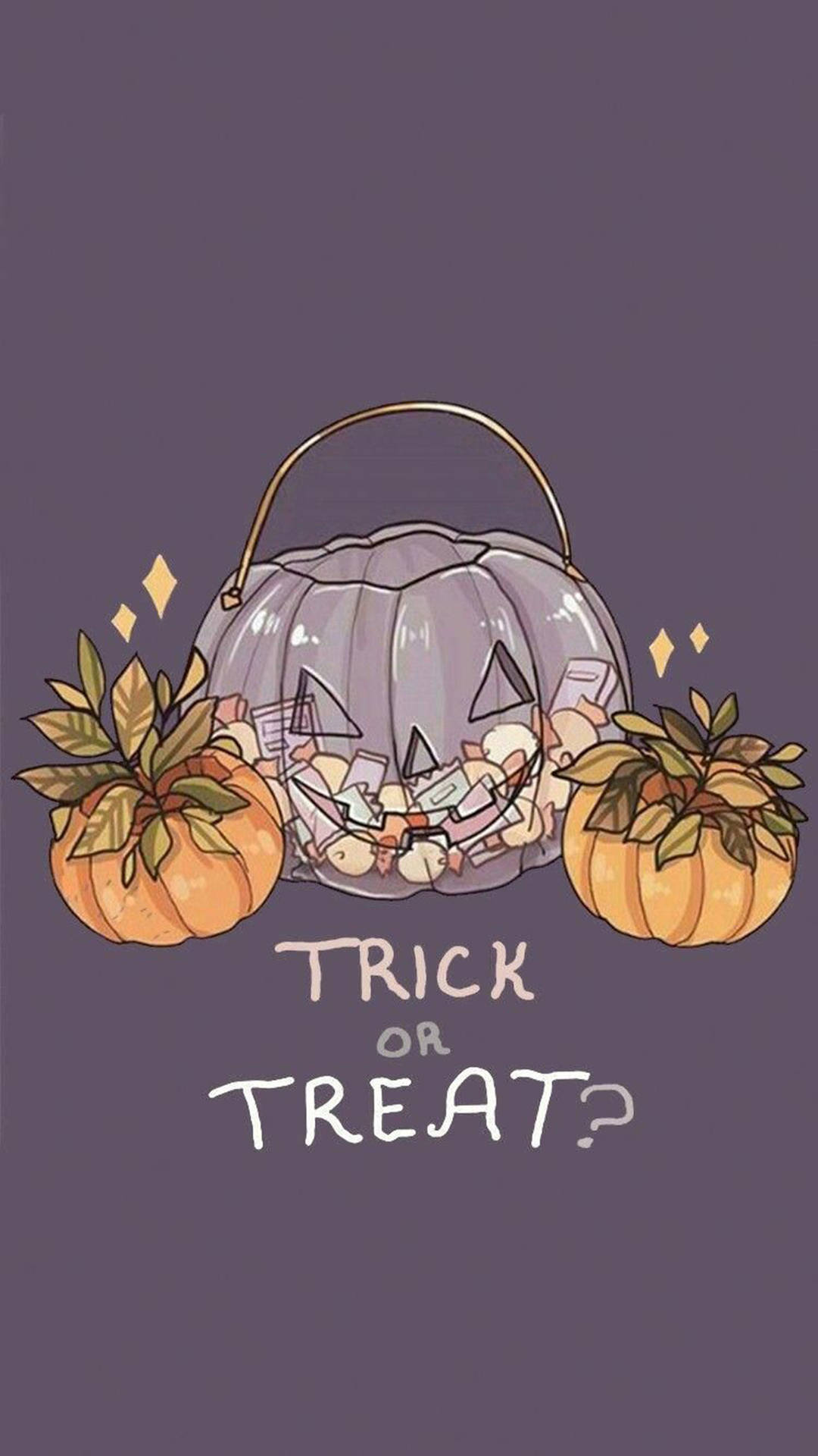 紫色傑克南瓜燈糖果桶，帶有'Trick or Treat?'文字和小南瓜。