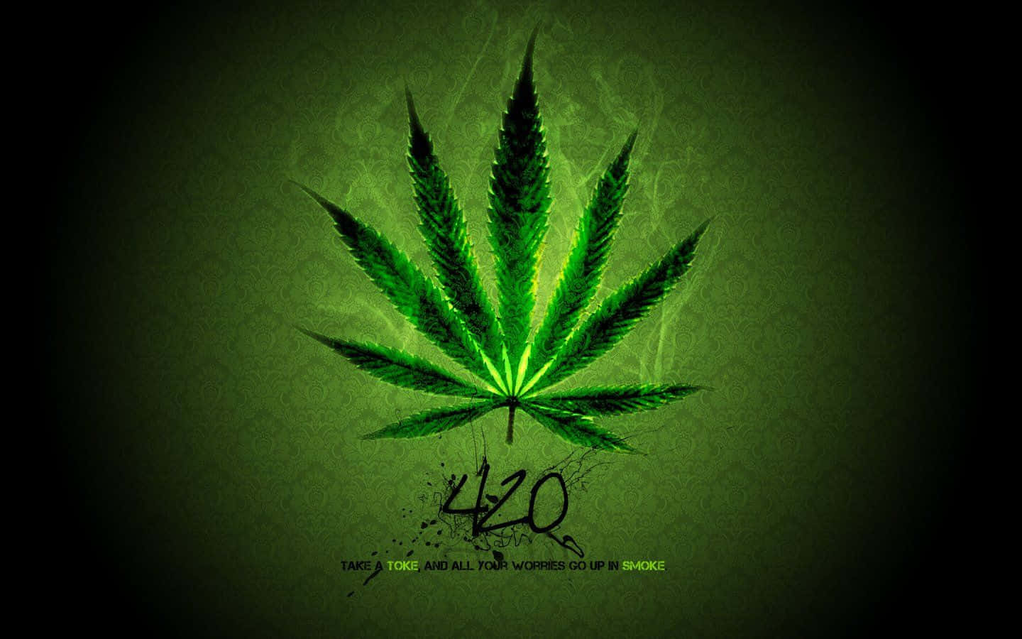 發光的綠色大麻葉，帶有煙霧和文字420，深色背景