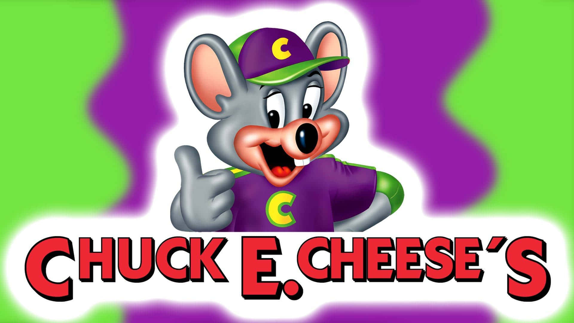Chuck E. Cheese 吉祥物在色彩繽紛的背景前豎起大拇指。