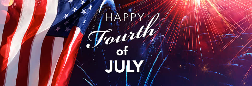 美國國旗和煙花，帶有 Happy Fourth of July 文字