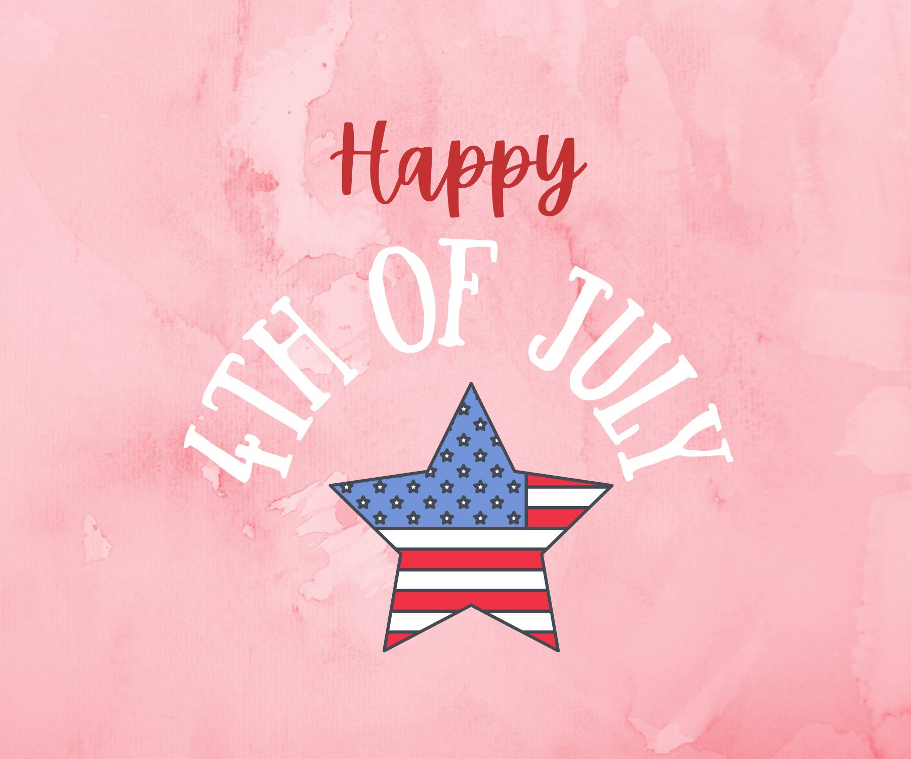 粉紅色水彩背景上帶有美國國旗圖案的Happy 4th of July星星。