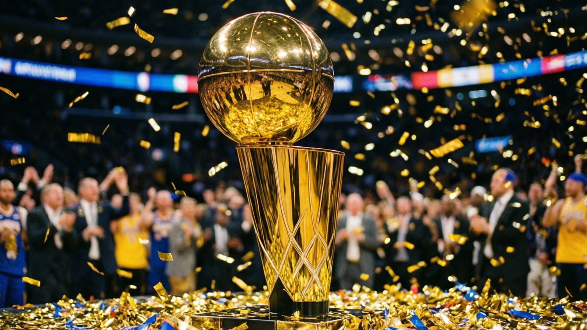 金色NBA獎盃被場館內飄落的彩紙和歡呼的粉絲包圍。