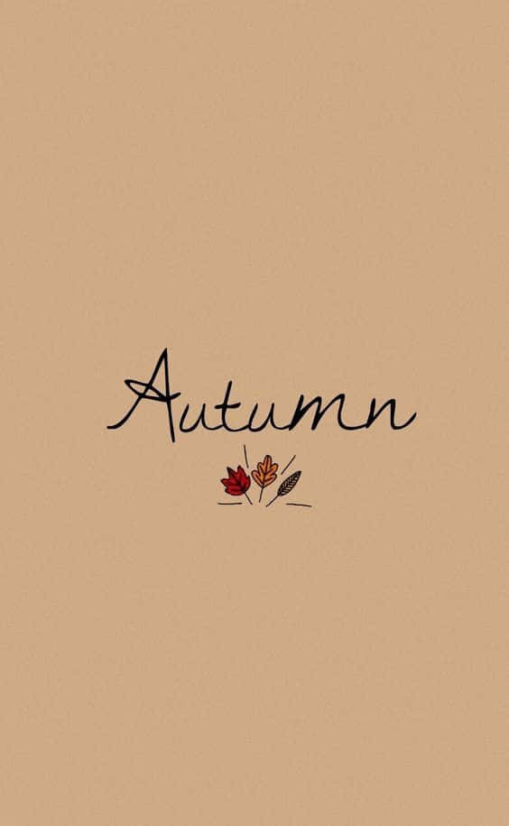 米色背景上以草書寫著「Autumn」，下方有三片樹葉。