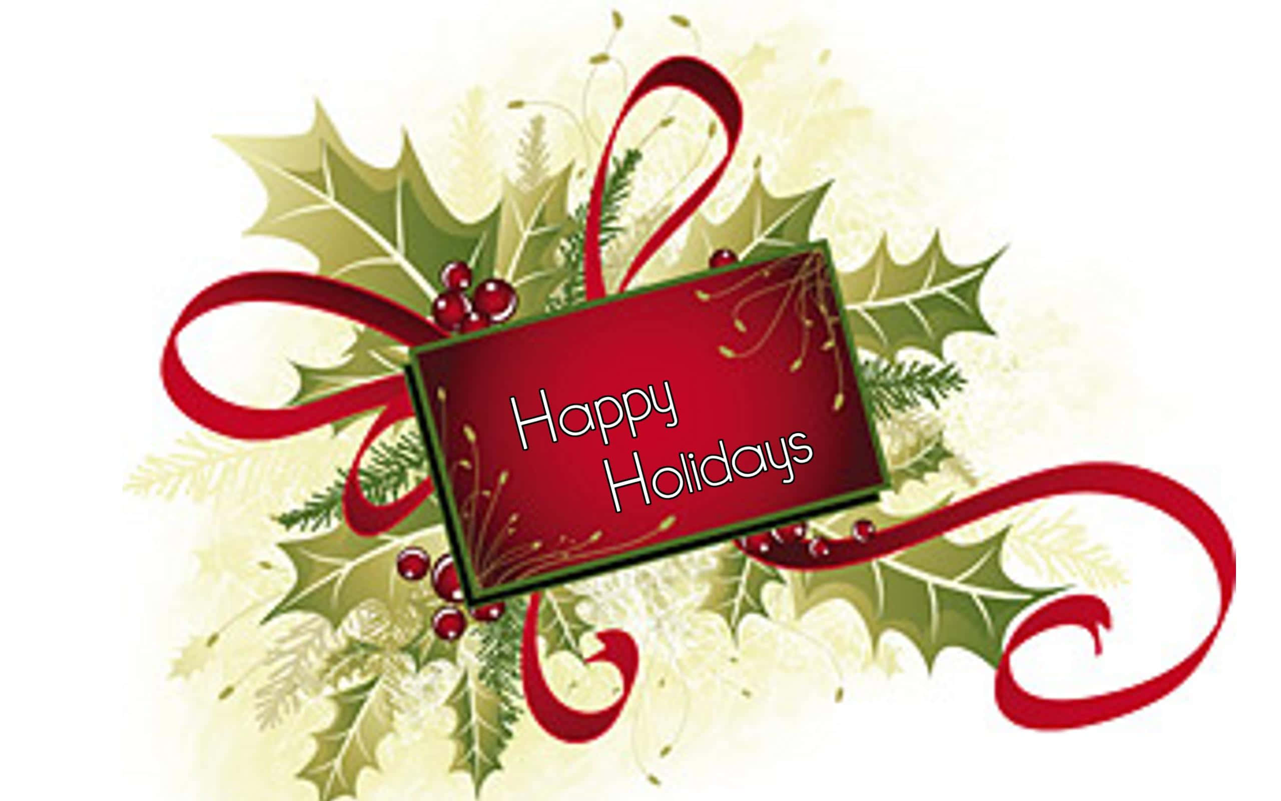 慶祝節日季節 壁紙 — 一個節日紅色禮物標籤，上面有「Happy Holidays」字樣，裝飾著冬青葉、漿果和旋轉絲帶，背景是柔和的奶油色。