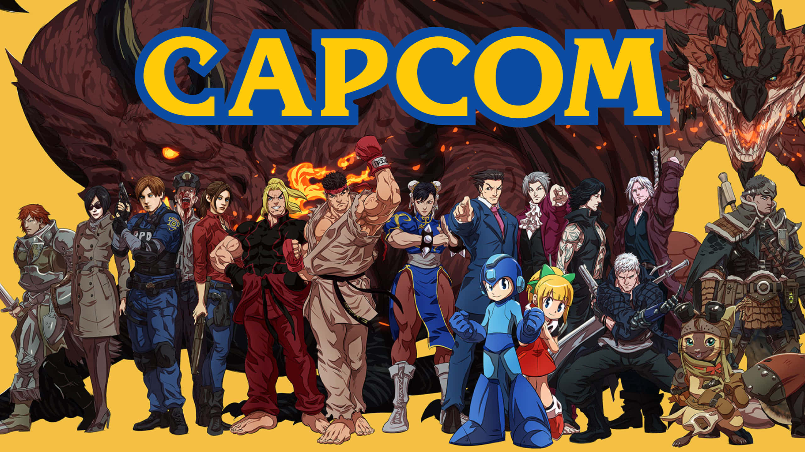 慶祝經典卡普空遊戲！ 壁紙 — Capcom 的標誌性角色在醒目的黃色標誌下，英勇地站在火龍背景前。