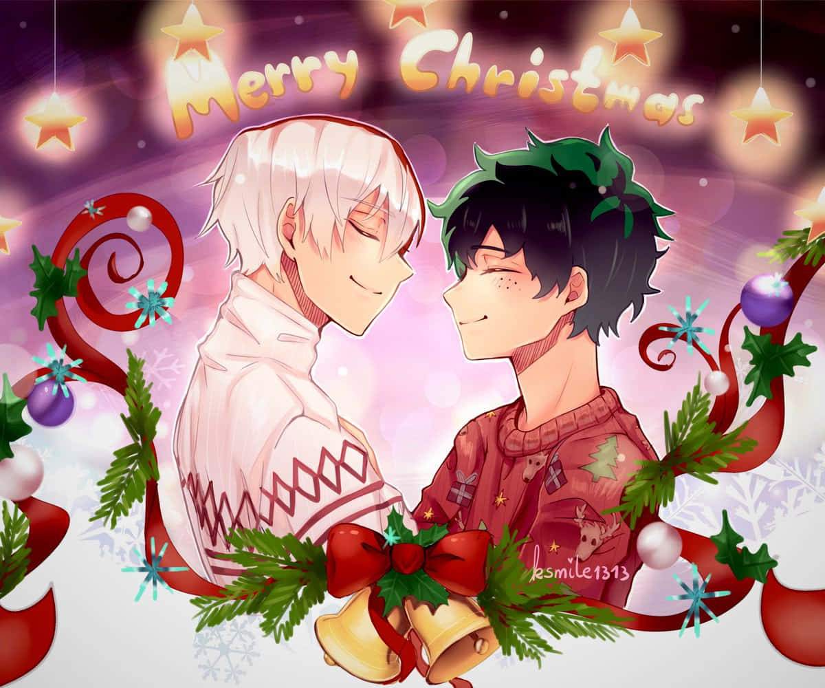 慶祝聖誕的魔法！ 壁紙 — 兩個動畫男孩穿著節日毛衣，在聖誕裝飾和閃爍星星中溫暖微笑。