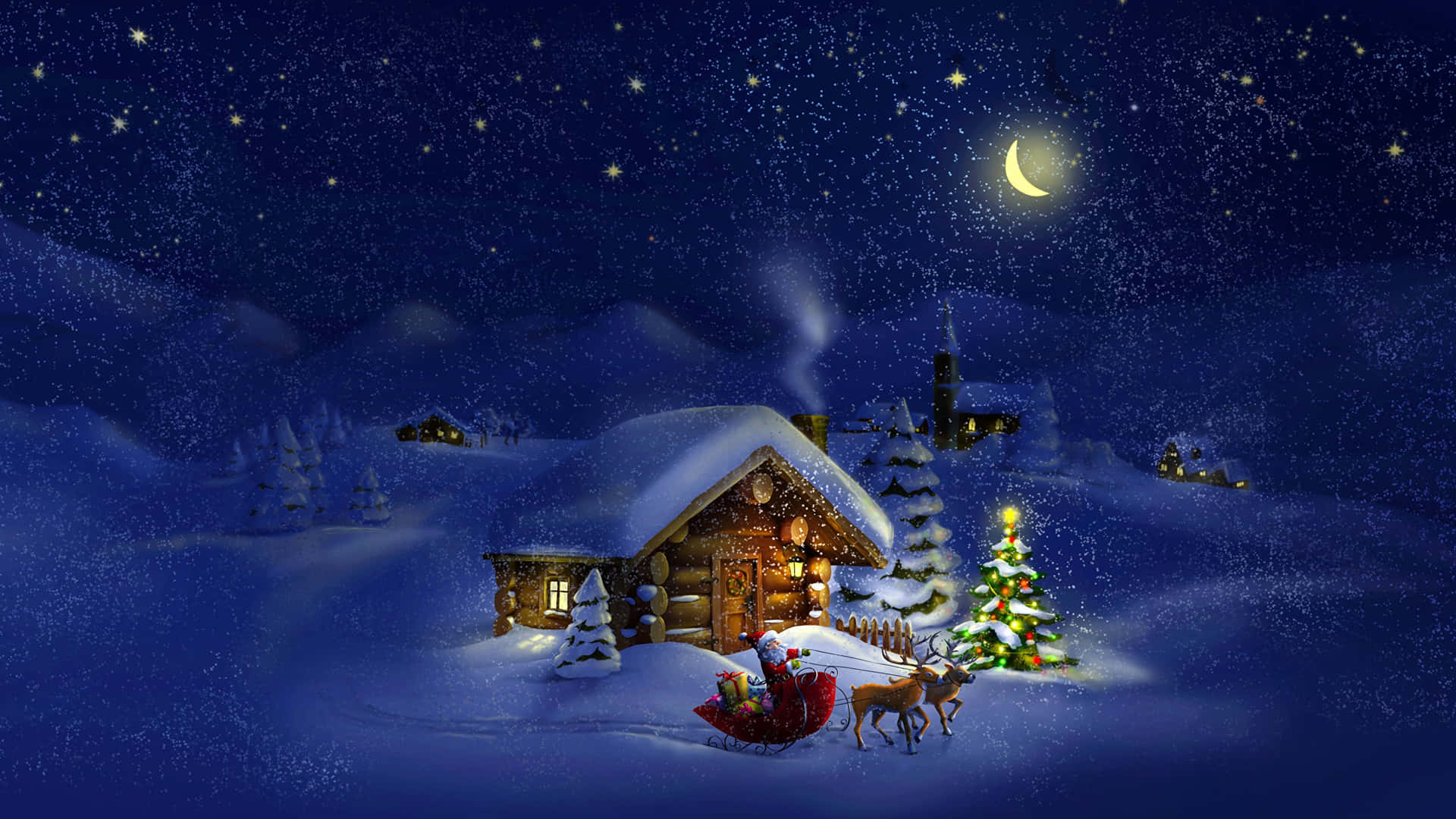 聖誕老人與馴鹿在星夜下靠近一間積雪的小屋。