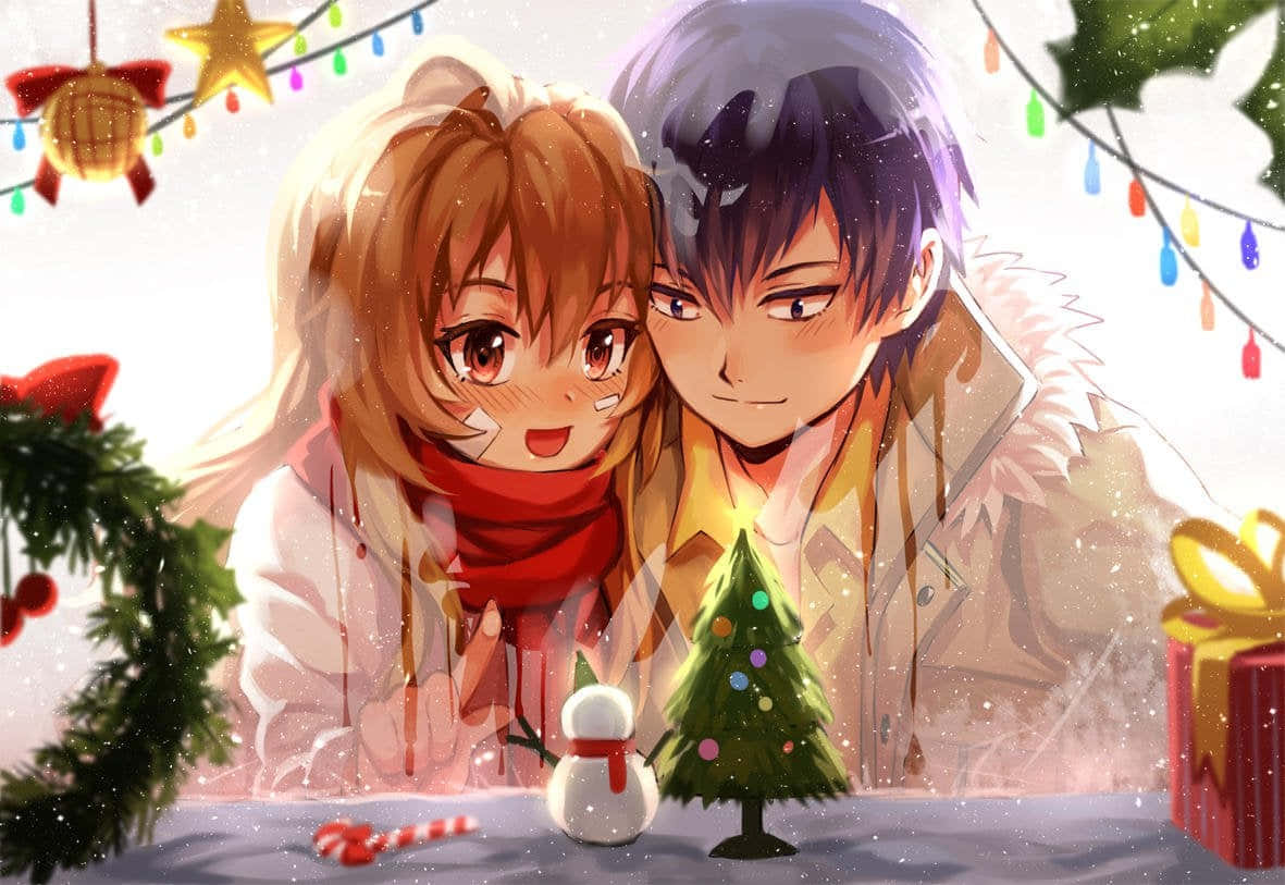 動漫情侶在節日燈光下與雪人和聖誕樹慶祝聖誕節。