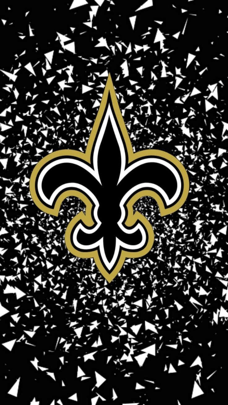 慶祝著名 NFL 聖徒隊的輝煌成就 壁紙 — 一個大膽的新奧爾良聖徒隊金色、黑色和白色鳶尾花標誌，在散落著白色三角形五彩紙屑的黑色背景上脫穎而出。