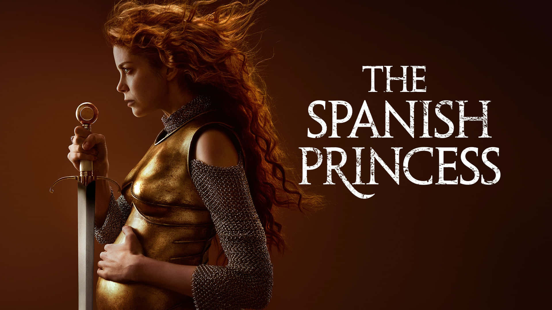 一位身穿金色盔甲的女性手持劍，標題為The Spanish Princess。