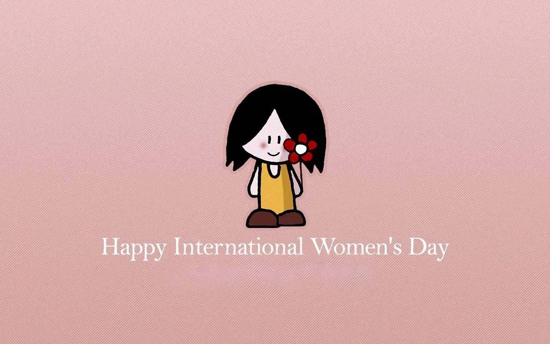 卡通女孩手持紅花，附有慶祝國際婦女節的文字。