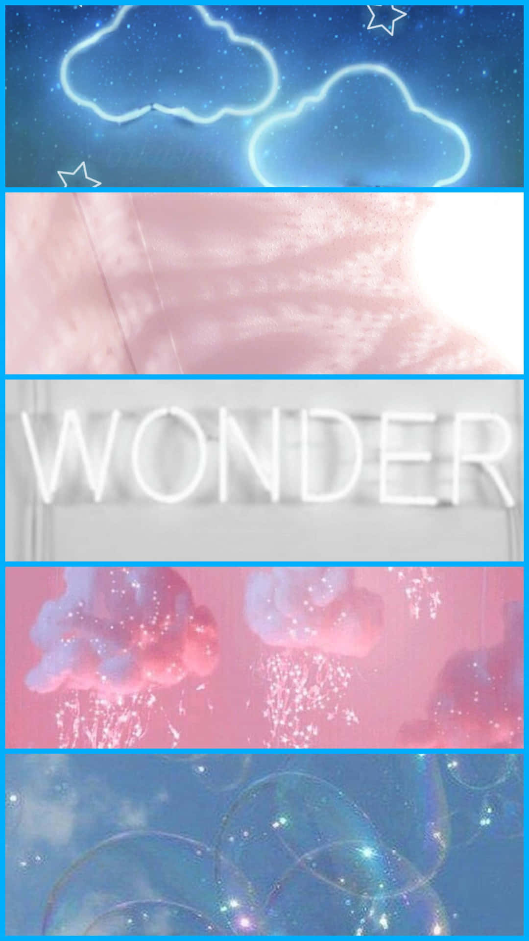 霓虹雲朵、星星、泡泡和單詞 wonder，採用粉彩調。