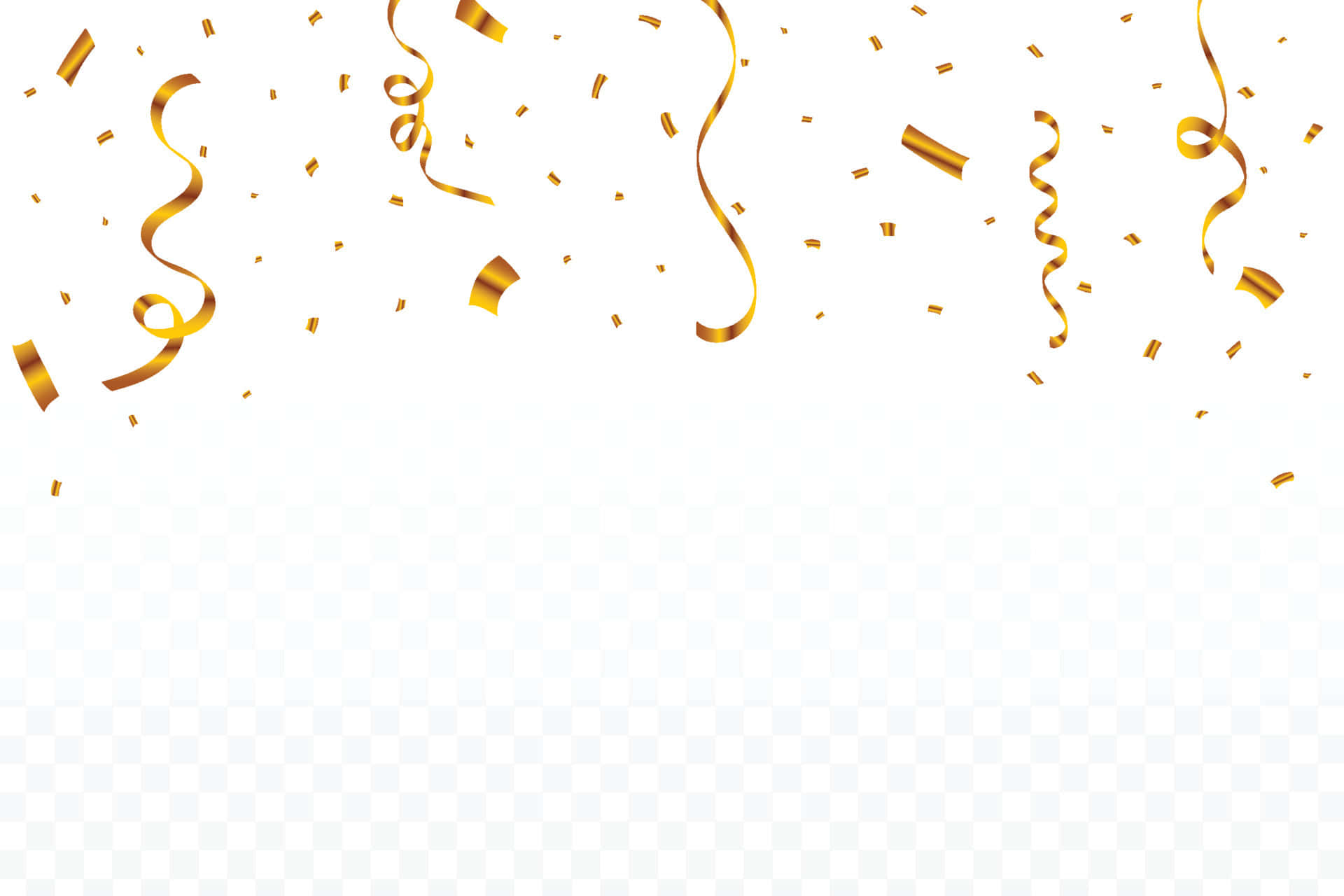 慶祝金箔紙屑 壁紙 — 金色紙屑和彩帶在透明背景上對角線傾瀉而下，營造出節日慶祝的氛圍。