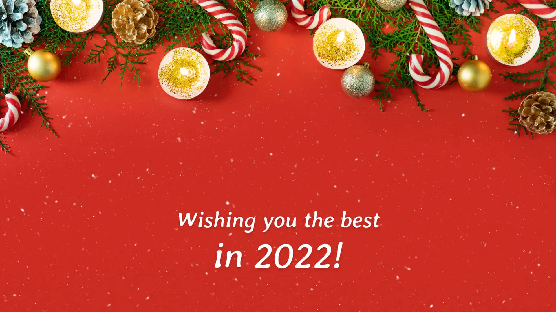 節日紅色背景，帶有節日裝飾和新年祝福。