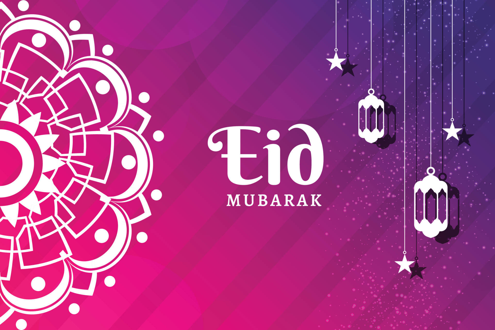 在紫色漸變背景上，帶有懸掛燈籠和星星的Eid Mubarak祝福。
