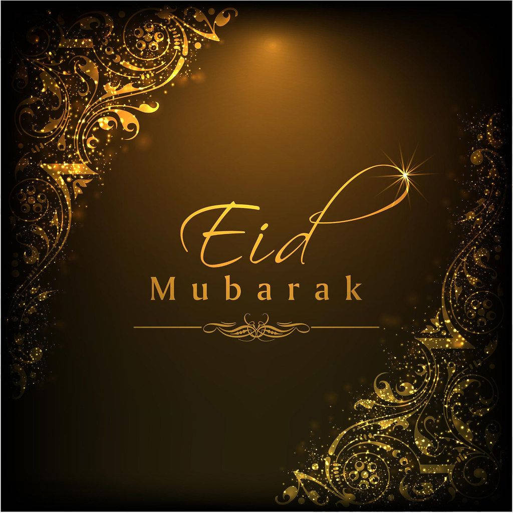 在深色背景上帶有裝飾性漩渦和光芒的金色Eid Mubarak祝福。