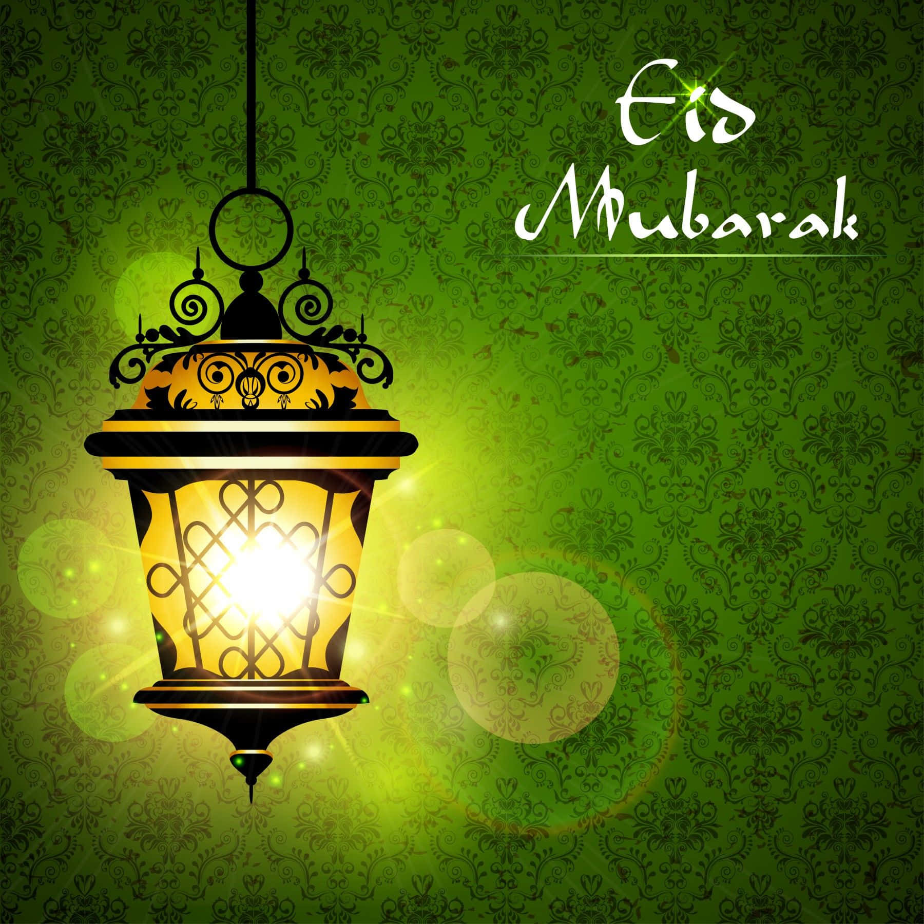 發光的燈籠，在綠色圖案背景上帶有Eid Mubarak文字。